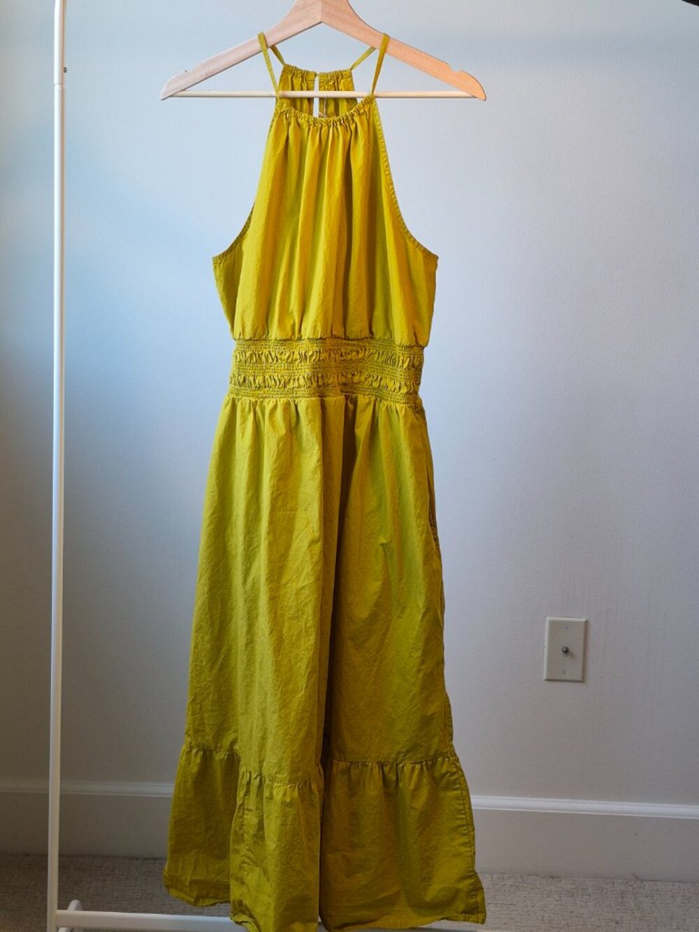 Target 100% Cotton Halter Maxi Dress Women 8 Chartreuse Smocked Tiered Sundress